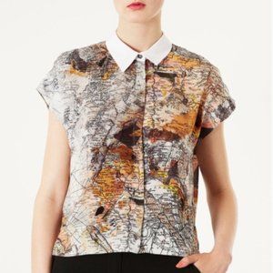 Topshop World Map Print Cropped Short Sleeve Button Up Top